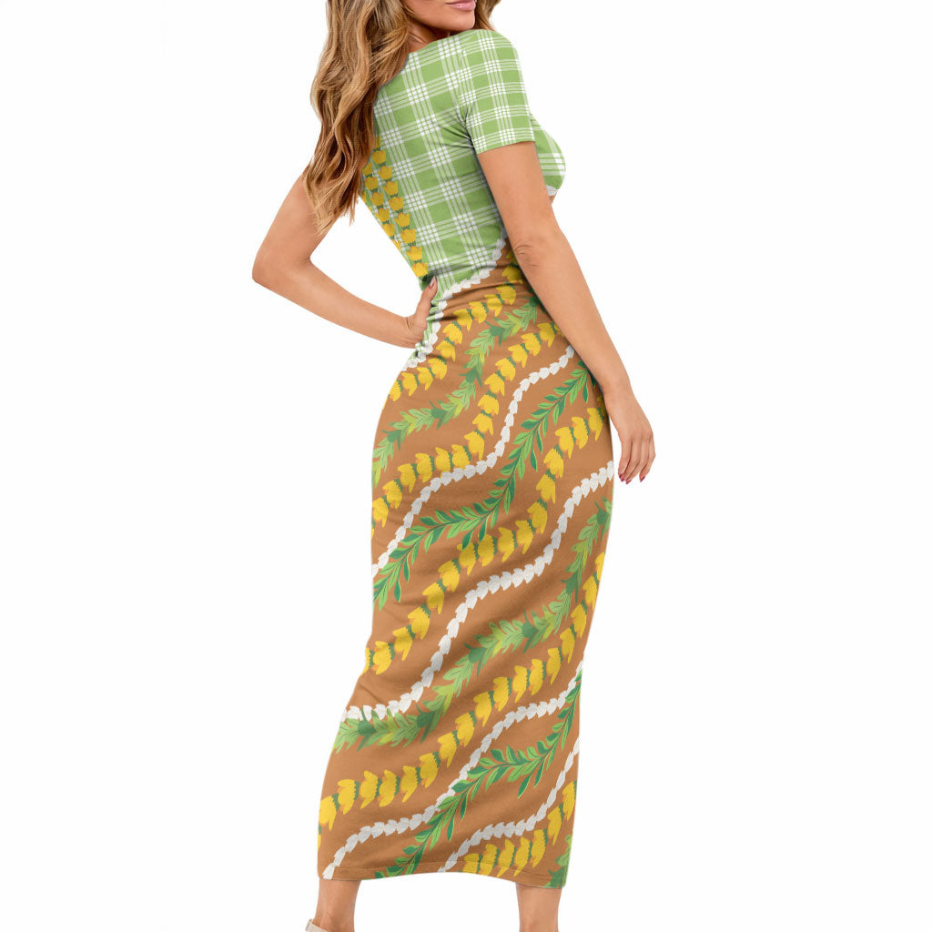Hawaii Leis Palaka Motifs Short Sleeve Bodycon Dress Pikake Pakalana Maile Ilima Kakau Style