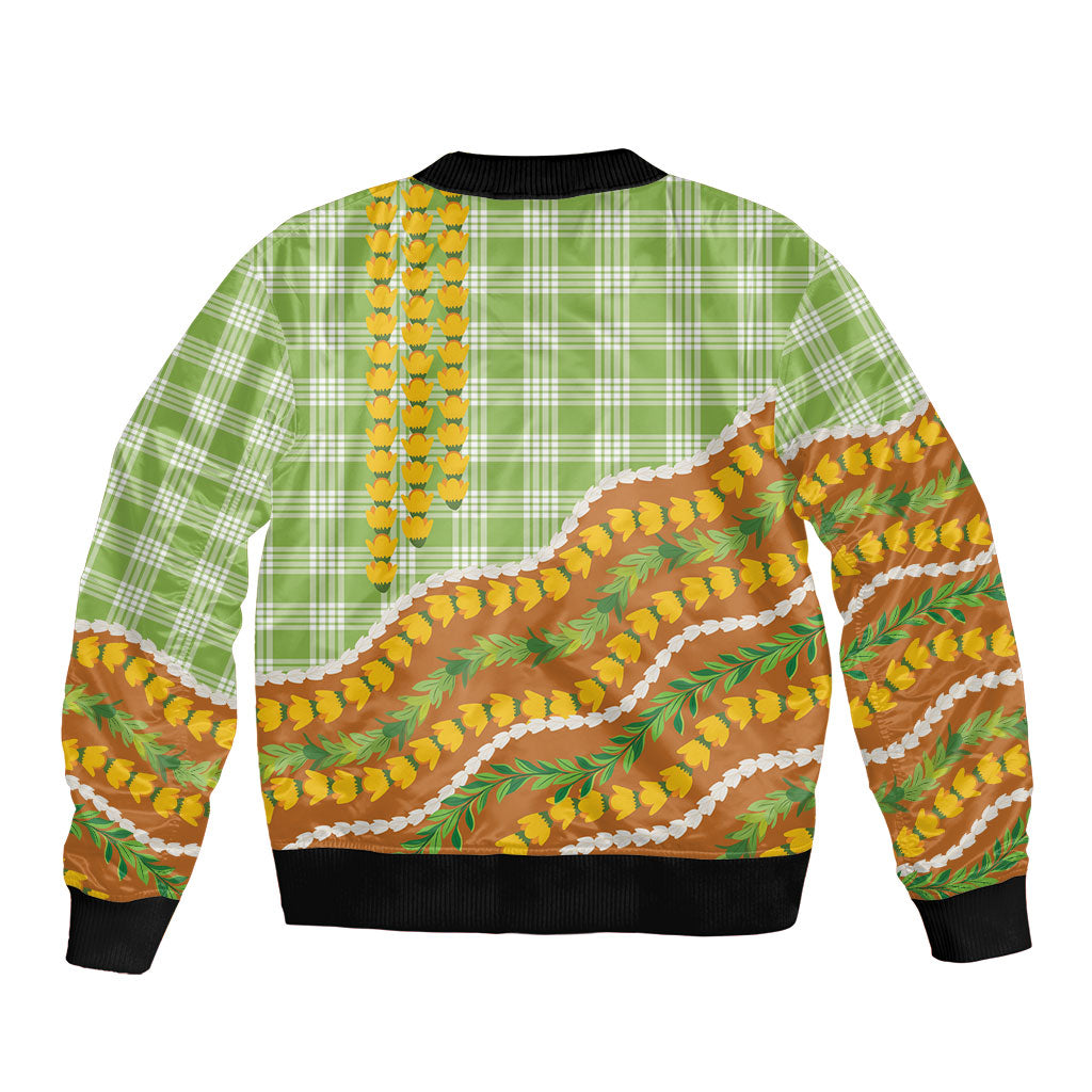 Hawaii Leis Palaka Motifs Sleeve Zip Bomber Jacket Pikake Pakalana Maile Ilima Kakau Style