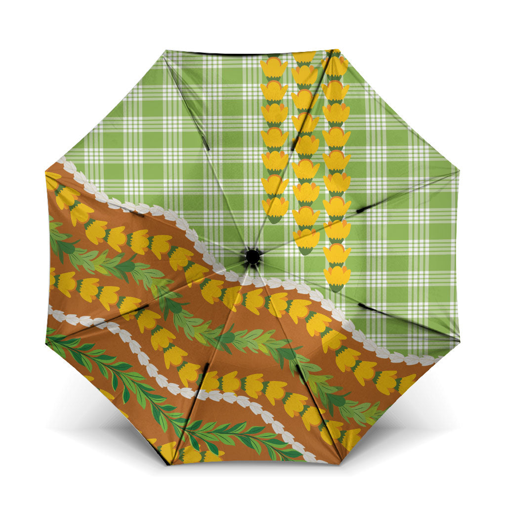 Hawaii Leis Palaka Motifs Umbrella Pikake Pakalana Maile Ilima Kakau Style LT14 One Size Folded 11.42 inch Opened Diameter 37.4 inch Multicolor - Polynesian Pride