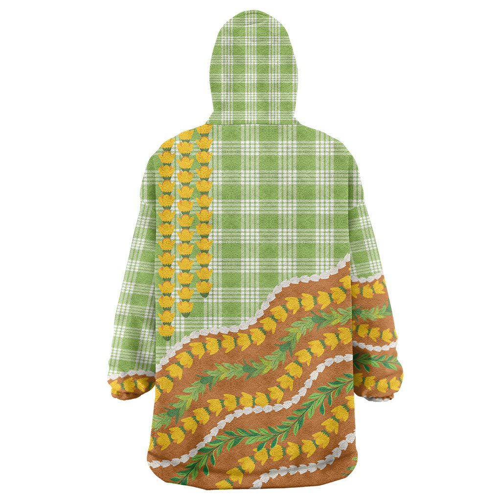 Hawaii Leis Palaka Motifs Wearable Blanket Hoodie Pikake Pakalana Maile Ilima Kakau Style