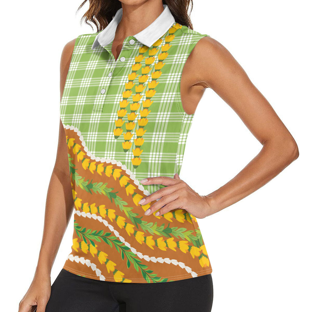 Hawaii Leis Palaka Motifs Women Sleeveless Polo Shirt Pikake Pakalana Maile Ilima Kakau Style
