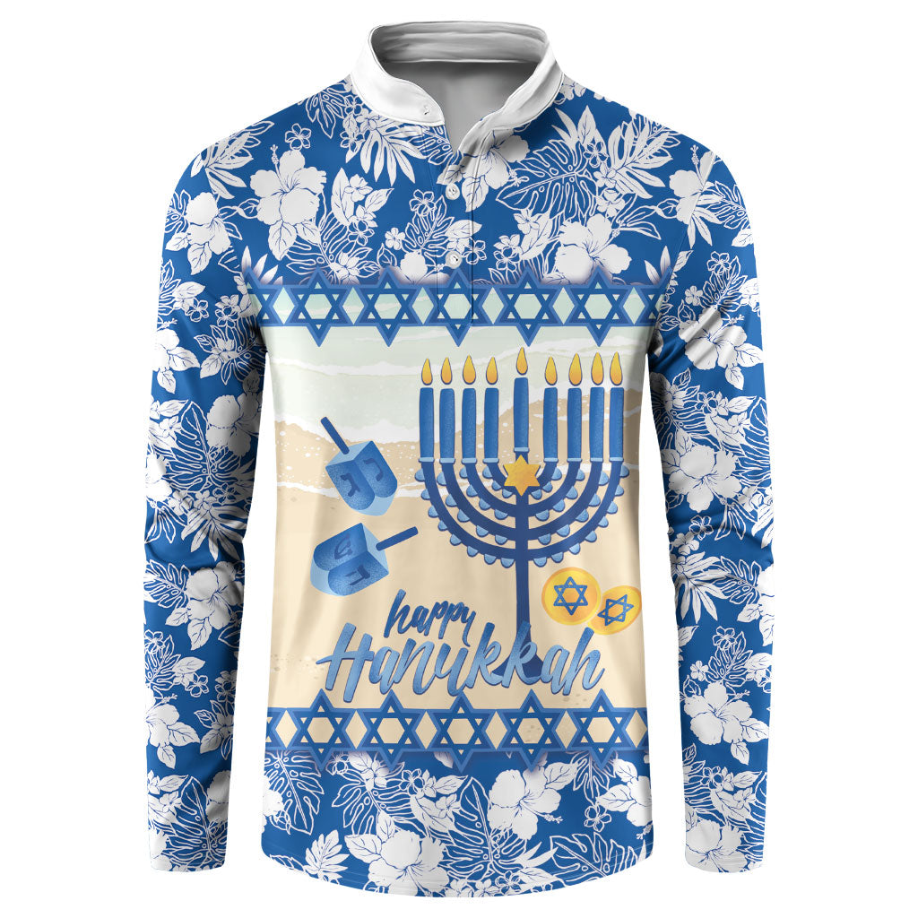Chanukah Jewish Hawaii Button Sweatshirt Festival of Lights Hanukkah Menorah Tropical Flowers LT14 Blue - Polynesian Pride