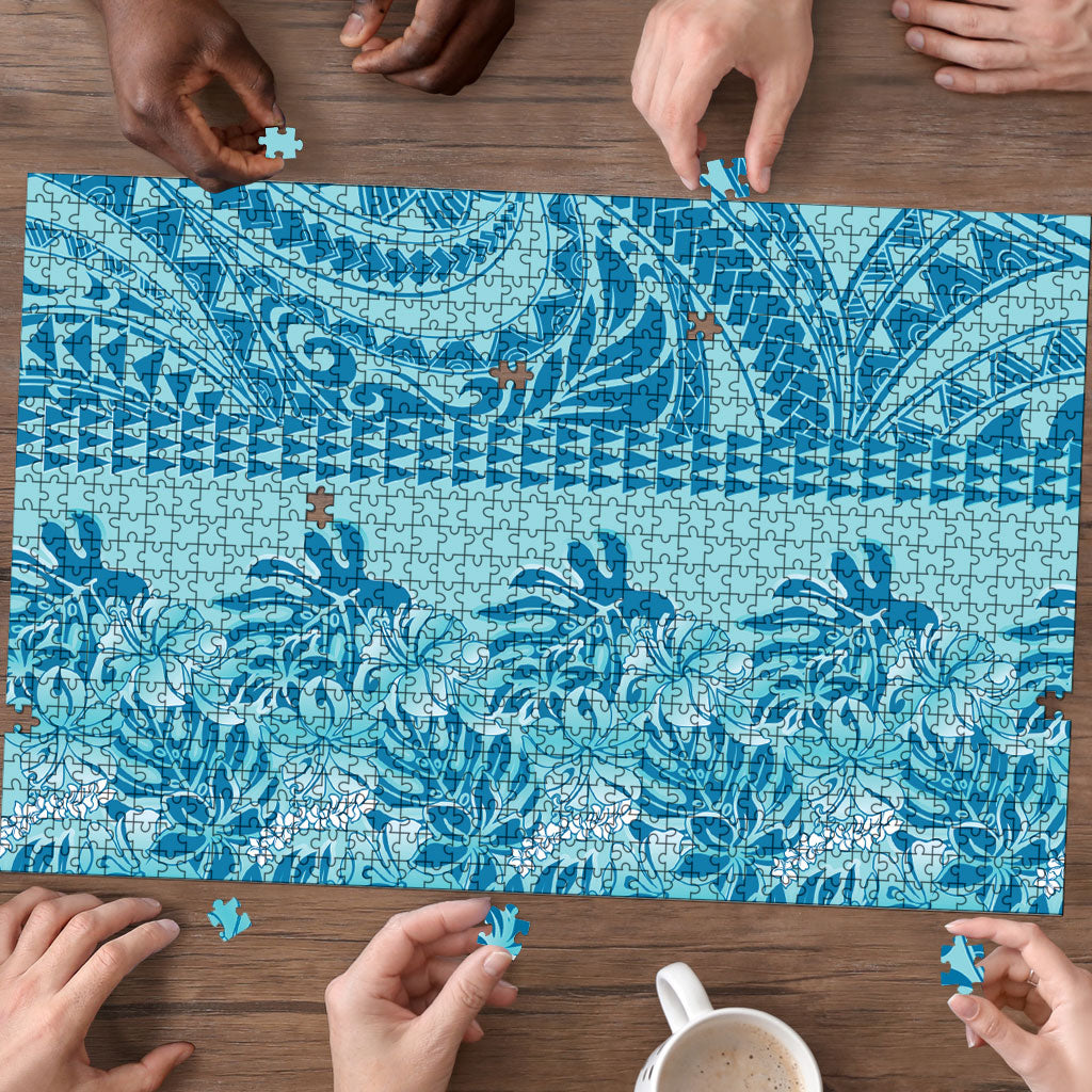 Cyan Hibiscus Monstera Seamless Kakau Hawaii Puzzle LT14 - Polynesian Pride