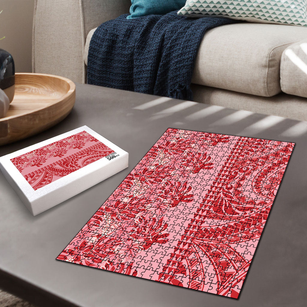 Red Hibiscus Monstera Seamless Kakau Hawaii Puzzle