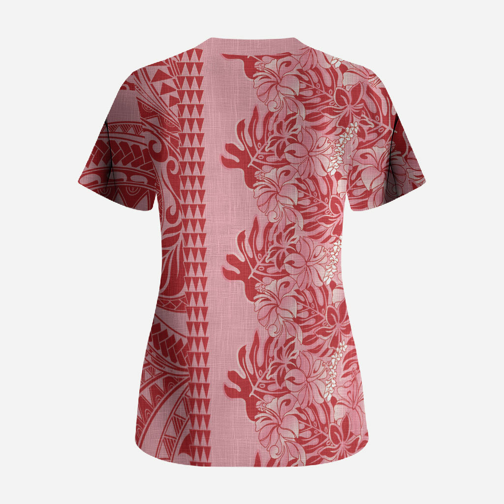Red Hibiscus Monstera Seamless Kakau Hawaii Scrub Top LT14 - Polynesian Pride