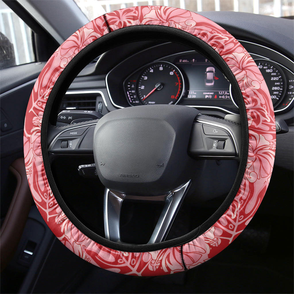 Red Hibiscus Monstera Seamless Kakau Hawaii Steering Wheel Cover LT14 - Polynesian Pride