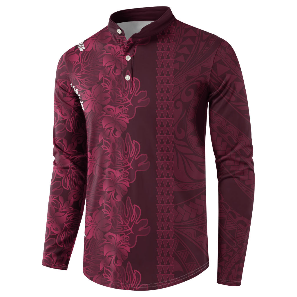 Burgundy Hibiscus Monstera Seamless Kakau Hawaii Button Sweatshirt LT14 - Polynesian Pride