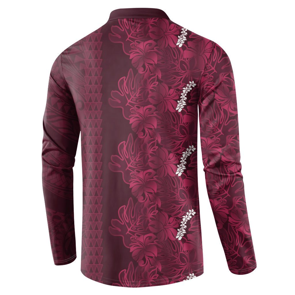 Burgundy Hibiscus Monstera Seamless Kakau Hawaii Button Sweatshirt LT14 - Polynesian Pride