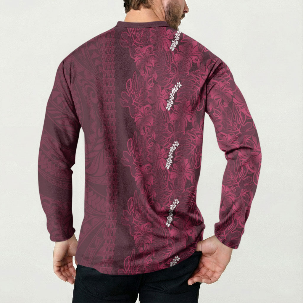 Burgundy Hibiscus Monstera Seamless Kakau Hawaii Button Sweatshirt LT14 - Polynesian Pride
