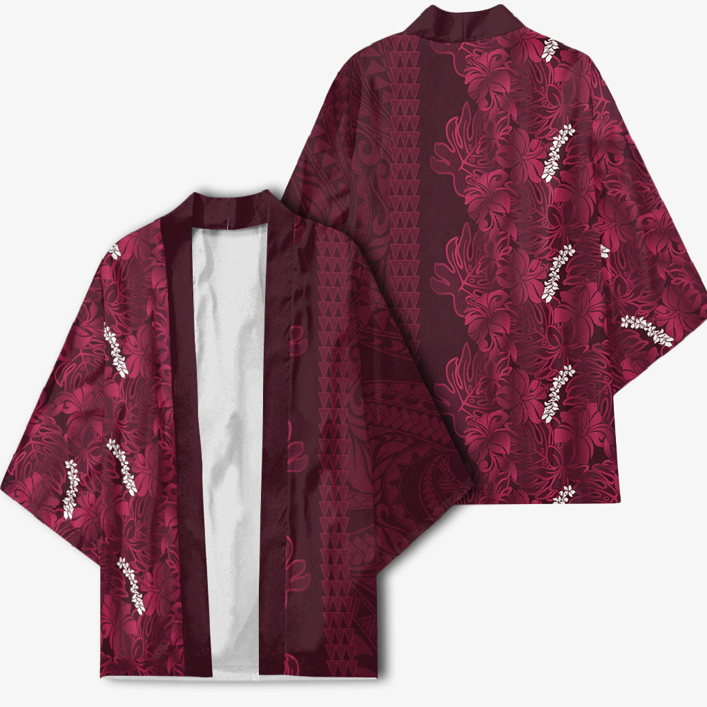 Burgundy Hibiscus Monstera Seamless Kakau Hawaii Kimono LT14 - Polynesian Pride