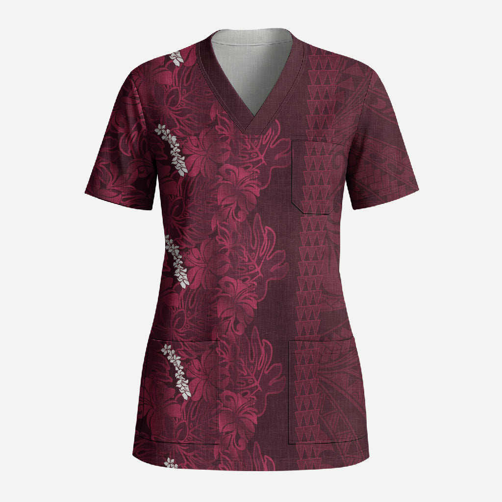 Burgundy Hibiscus Monstera Seamless Kakau Hawaii Scrub Top LT14 Adult Burgundy - Polynesian Pride