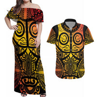 Marquesas Islands Couples Matching Off Shoulder Maxi Dress and Hawaiian Shirt Marquesan Tattoo Yellow Gradient - Polynesian Pride