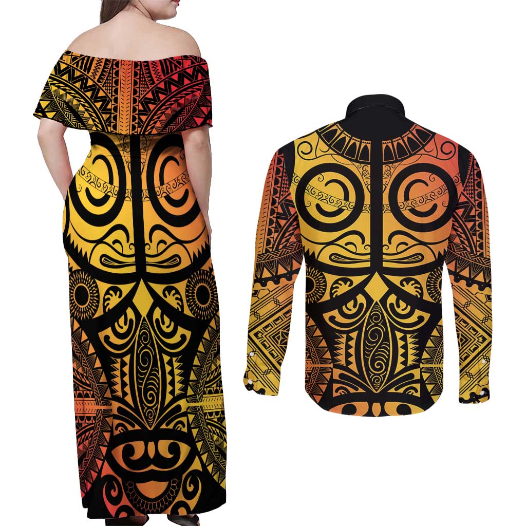 Marquesas Islands Couples Matching Off Shoulder Maxi Dress and Long Sleeve Button Shirt Marquesan Tattoo Yellow Gradient - Polynesian Pride