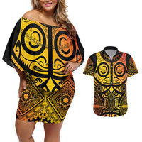 Marquesas Islands Couples Matching Off Shoulder Short Dress and Hawaiian Shirt Marquesan Tattoo Yellow Gradient - Polynesian Pride