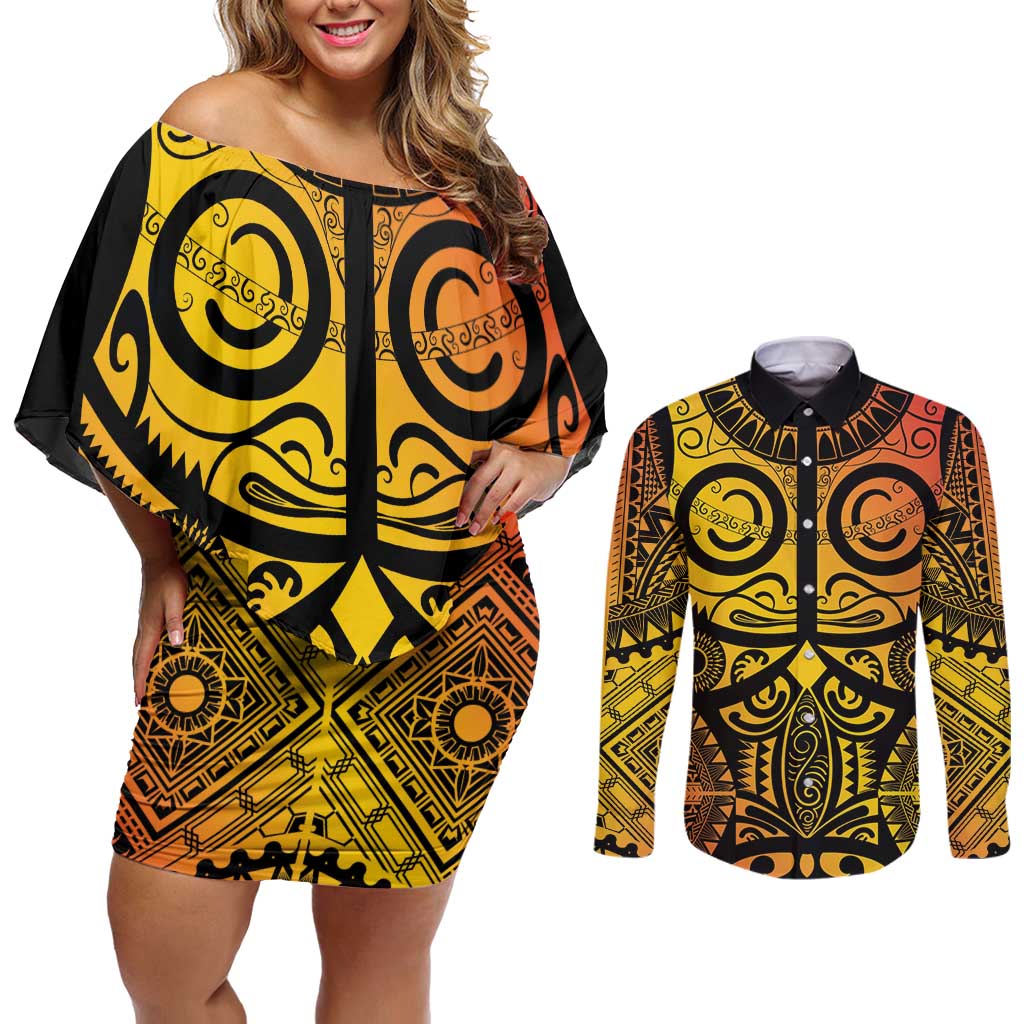 Marquesas Islands Couples Matching Off Shoulder Short Dress and Long Sleeve Button Shirt Marquesan Tattoo Yellow Gradient - Polynesian Pride