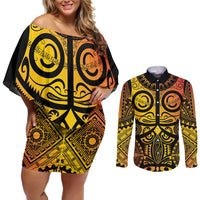 Marquesas Islands Couples Matching Off Shoulder Short Dress and Long Sleeve Button Shirt Marquesan Tattoo Yellow Gradient - Polynesian Pride