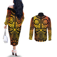 Marquesas Islands Couples Matching Off The Shoulder Long Sleeve Dress and Long Sleeve Button Shirt Marquesan Tattoo Yellow Gradient - Polynesian Pride