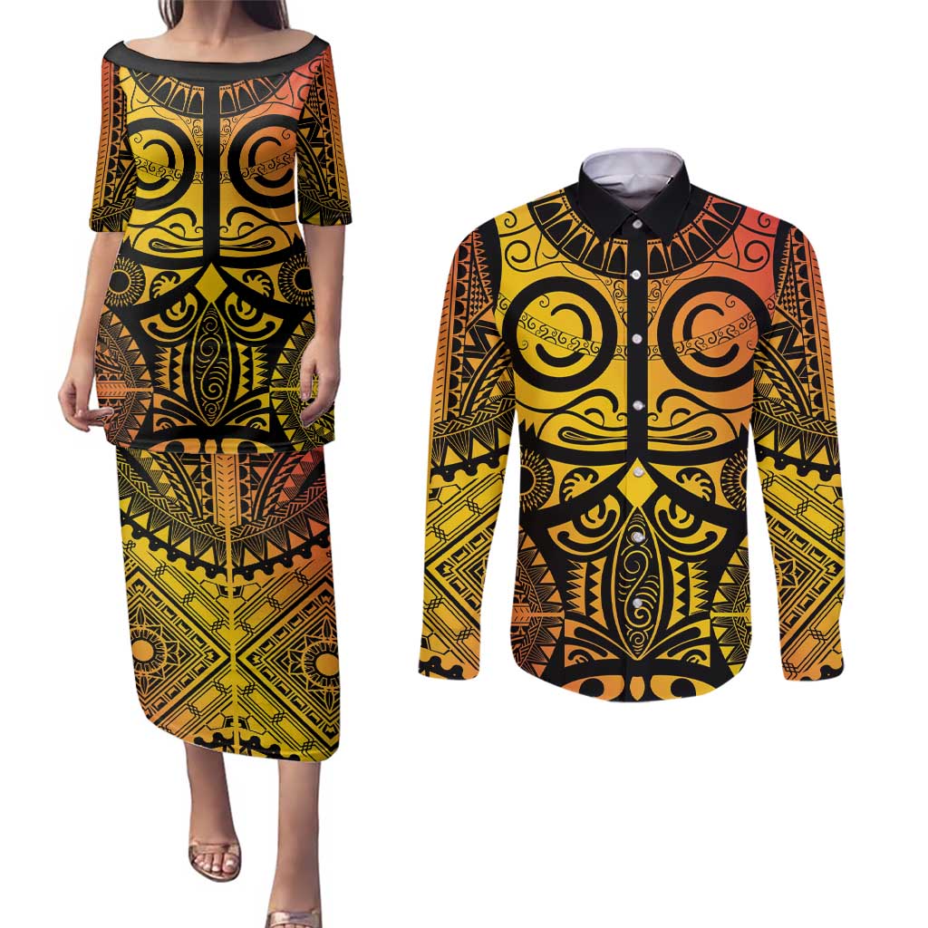 Marquesas Islands Couples Matching Puletasi and Long Sleeve Button Shirt Marquesan Tattoo Yellow Gradient - Polynesian Pride