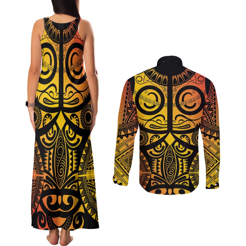 Marquesas Islands Couples Matching Tank Maxi Dress and Long Sleeve Button Shirt Marquesan Tattoo Yellow Gradient - Polynesian Pride