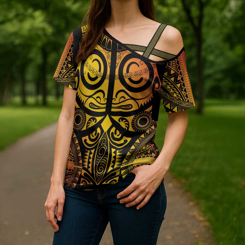 Marquesas Islands Cross Shoulder Shirt Marquesan Tattoo Yellow Gradient - Polynesian Pride