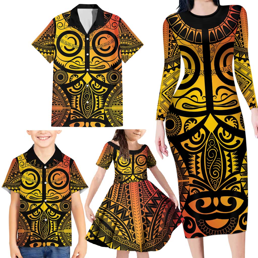 Marquesas Islands Family Matching Long Sleeve Bodycon Dress and Hawaiian Shirt Marquesan Tattoo Yellow Gradient - Polynesian Pride