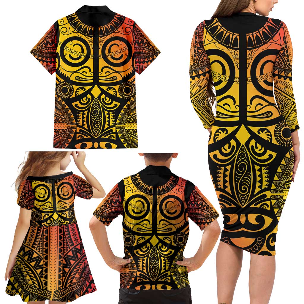 Marquesas Islands Family Matching Long Sleeve Bodycon Dress and Hawaiian Shirt Marquesan Tattoo Yellow Gradient - Polynesian Pride