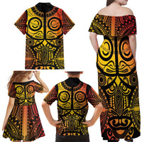Marquesas Islands Family Matching Off Shoulder Maxi Dress and Hawaiian Shirt Marquesan Tattoo Yellow Gradient - Polynesian Pride