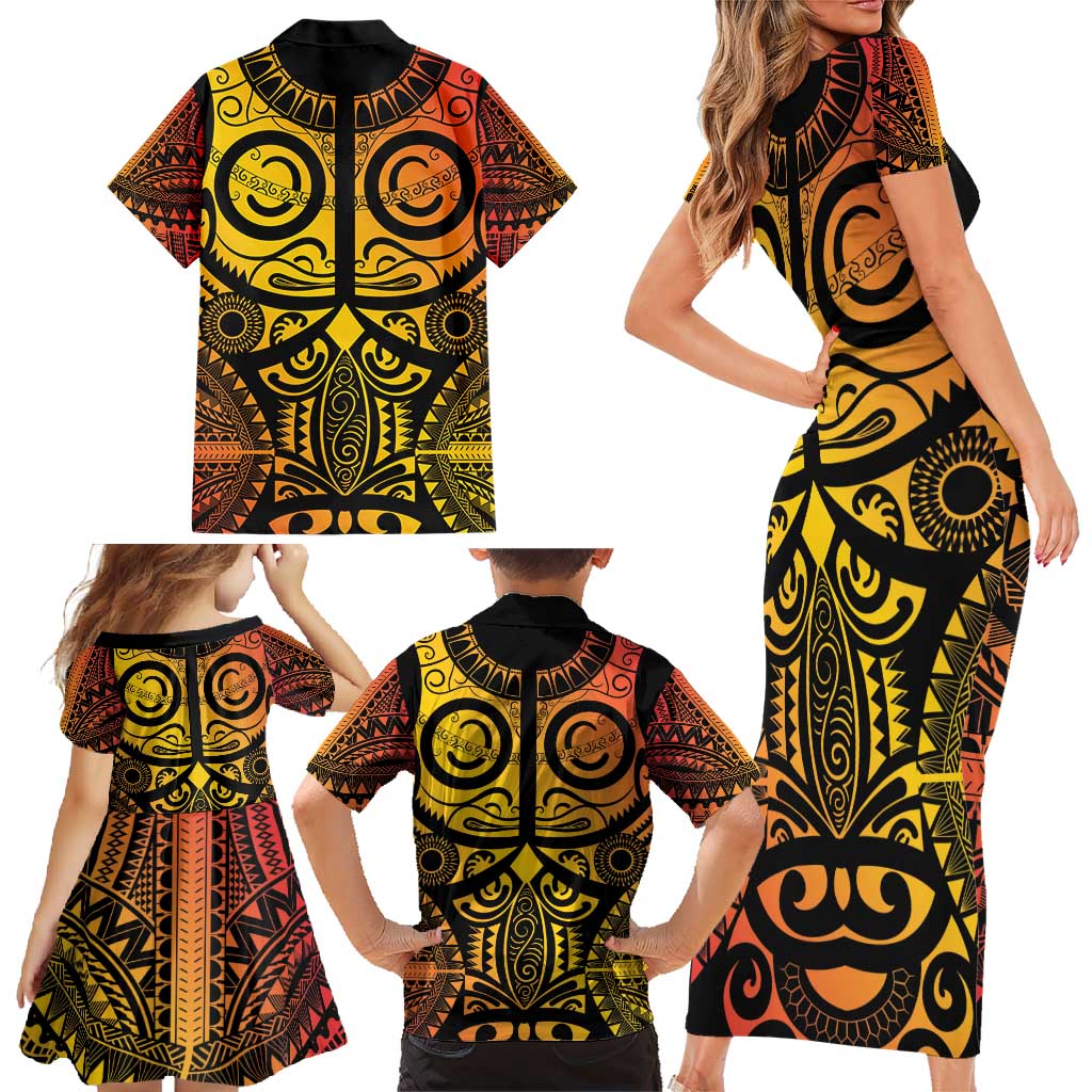 Marquesas Islands Family Matching Short Sleeve Bodycon Dress and Hawaiian Shirt Marquesan Tattoo Yellow Gradient - Polynesian Pride