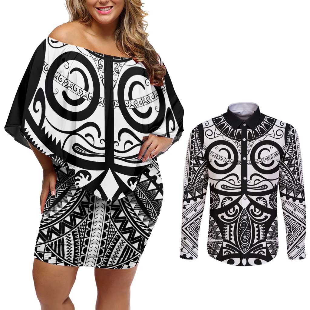 Marquesas Islands Couples Matching Off Shoulder Short Dress and Long Sleeve Button Shirt Marquesan Tattoo Black White Color - Polynesian Pride