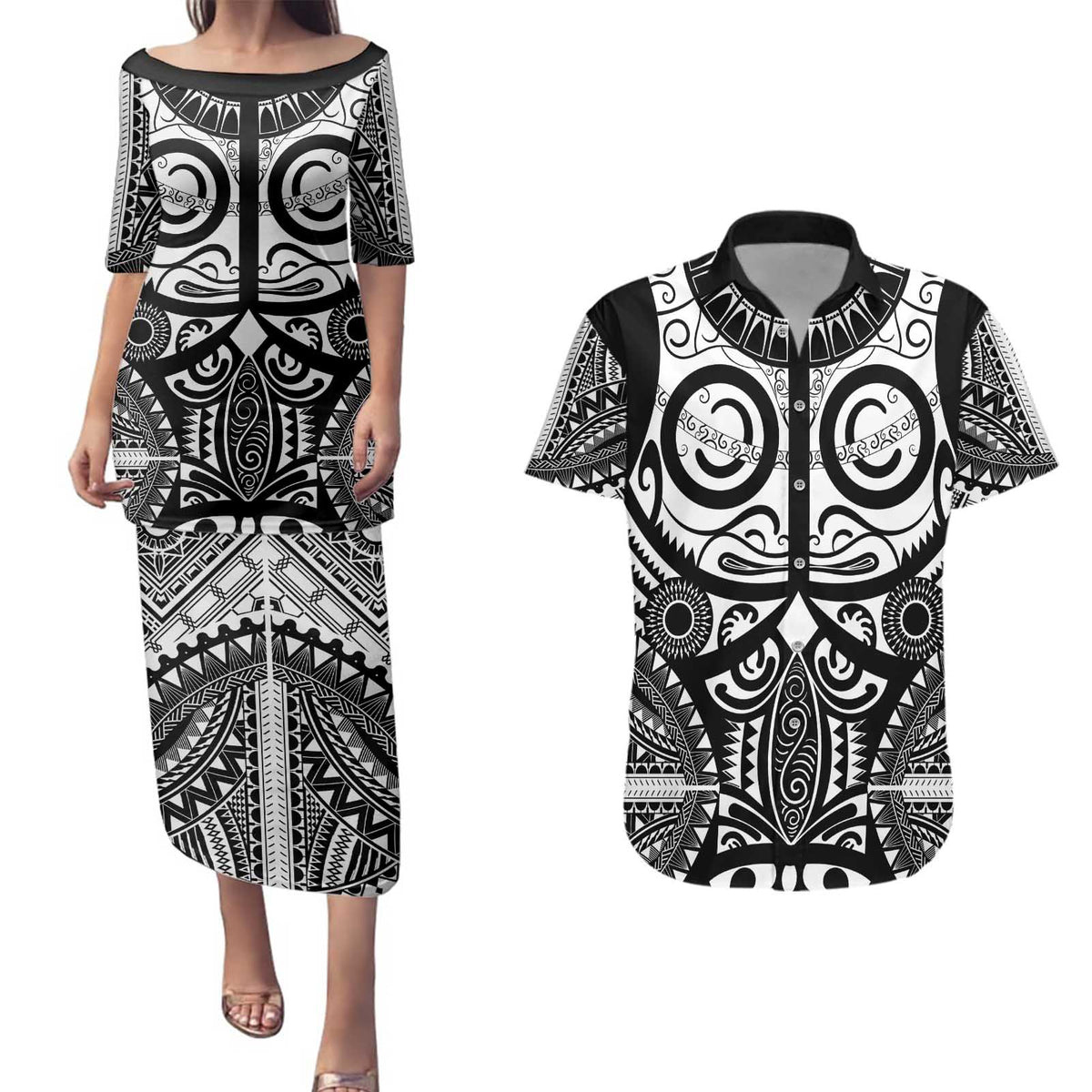 Marquesas Islands Couples Matching Puletasi and Hawaiian Shirt Marquesan Tattoo Black White Color - Polynesian Pride
