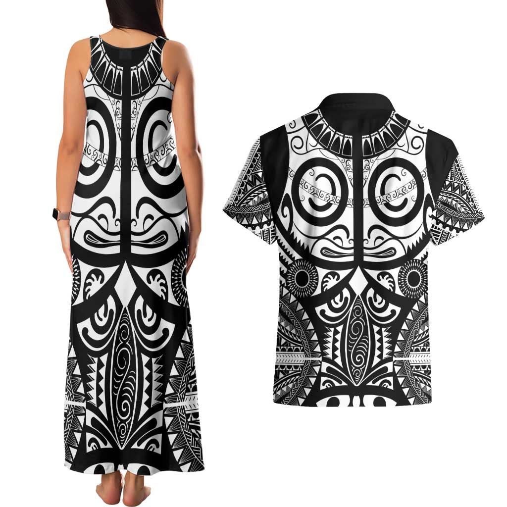 Marquesas Islands Couples Matching Tank Maxi Dress and Hawaiian Shirt Marquesan Tattoo Black White Color - Polynesian Pride