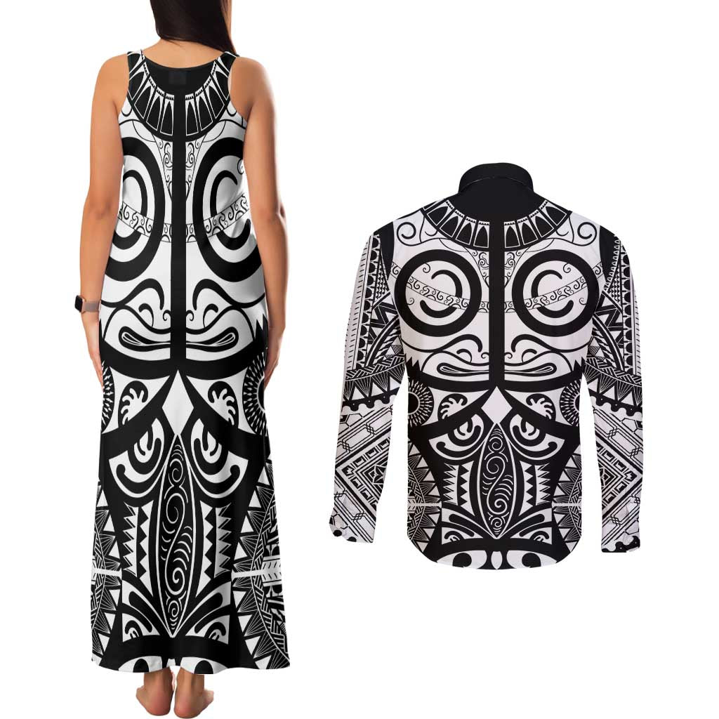 Marquesas Islands Couples Matching Tank Maxi Dress and Long Sleeve Button Shirt Marquesan Tattoo Black White Color - Polynesian Pride