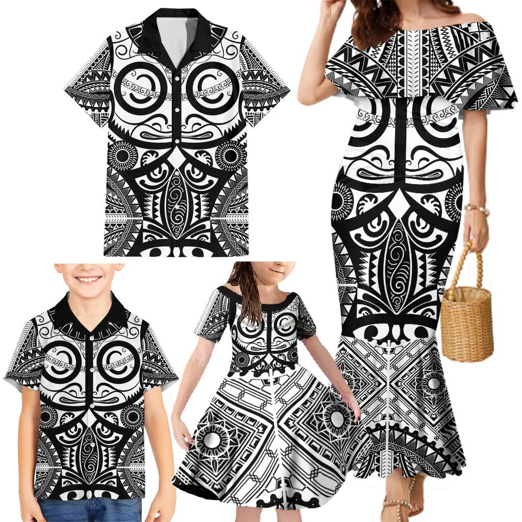Marquesas Islands Family Matching Mermaid Dress and Hawaiian Shirt Marquesan Tattoo Black White Color - Polynesian Pride