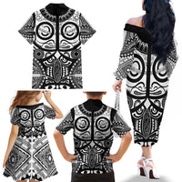 Marquesas Islands Family Matching Off The Shoulder Long Sleeve Dress and Hawaiian Shirt Marquesan Tattoo Black White Color - Polynesian Pride