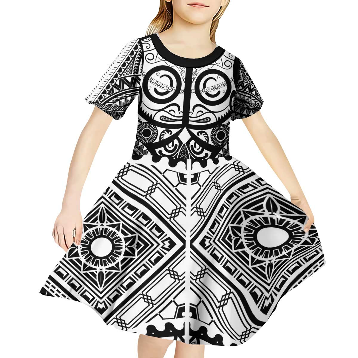 Marquesas Islands Kid Short Sleeve Dress Marquesan Tattoo Black White Color - Polynesian Pride