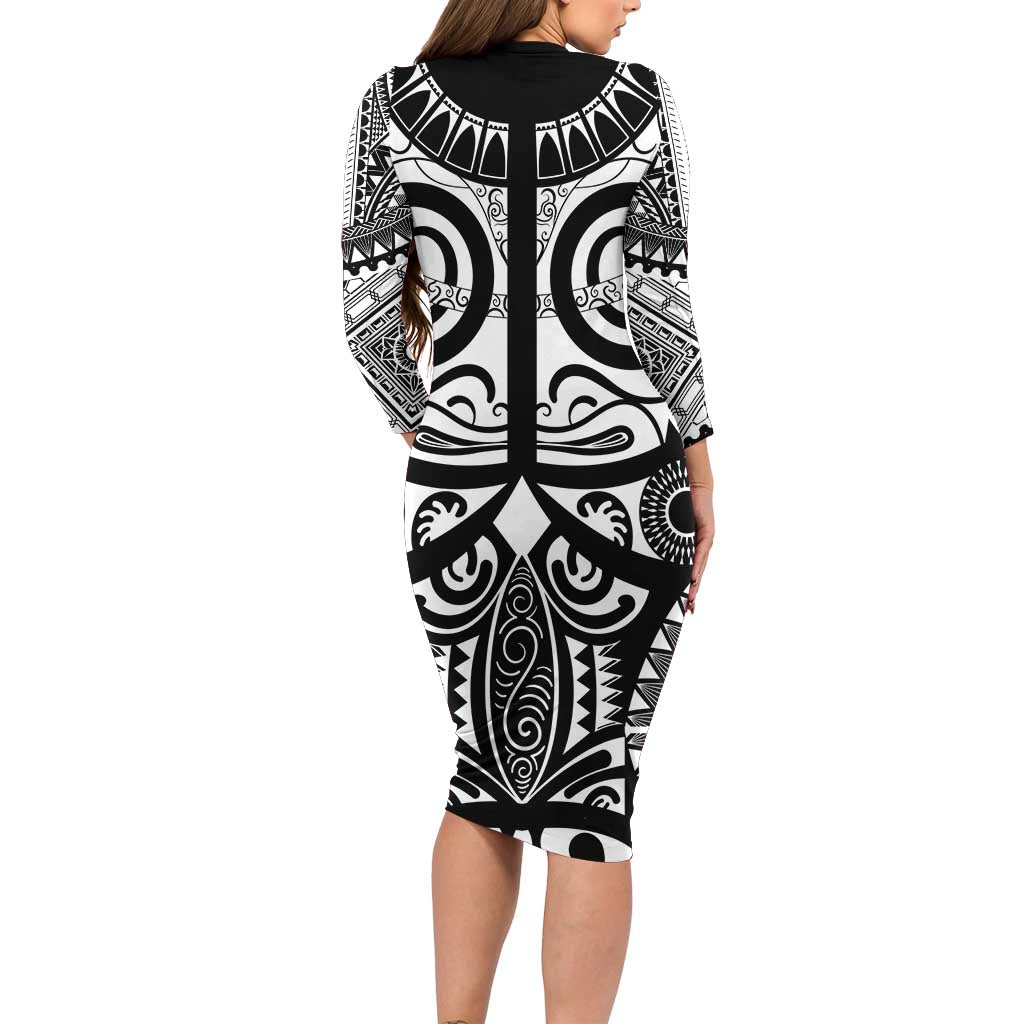Marquesas Islands Long Sleeve Bodycon Dress Marquesan Tattoo Black White Color - Polynesian Pride