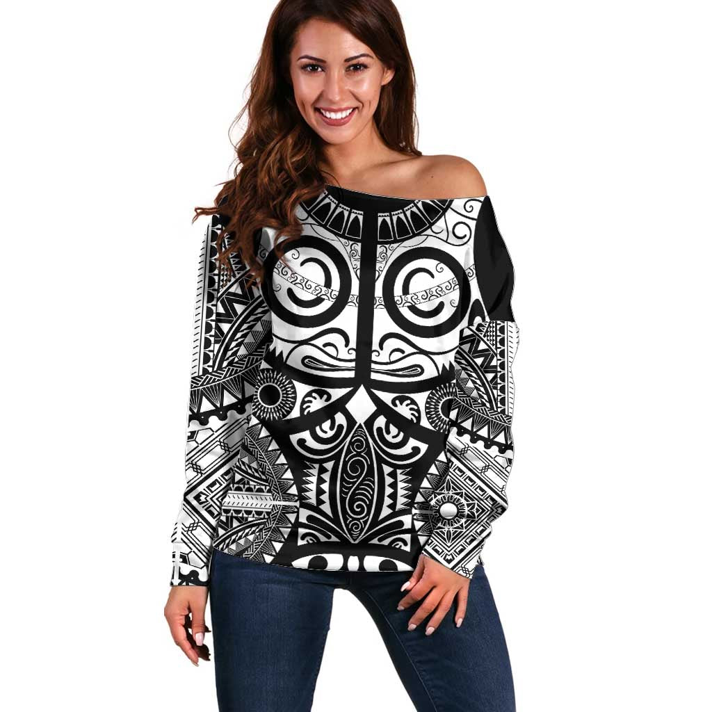Marquesas Islands Off Shoulder Sweater Marquesan Tattoo Black White Color - Polynesian Pride