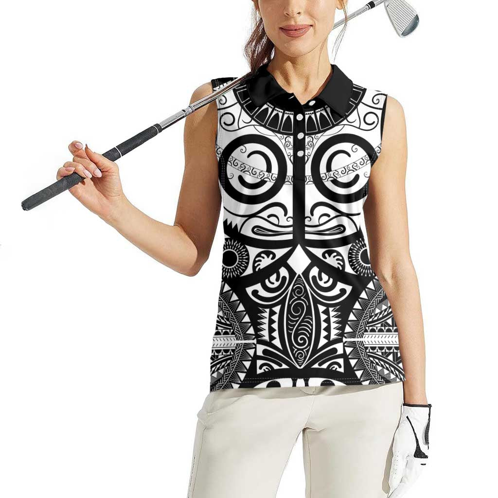 Marquesas Islands Women Sleeveless Polo Shirt Marquesan Tattoo Black White Color - Polynesian Pride