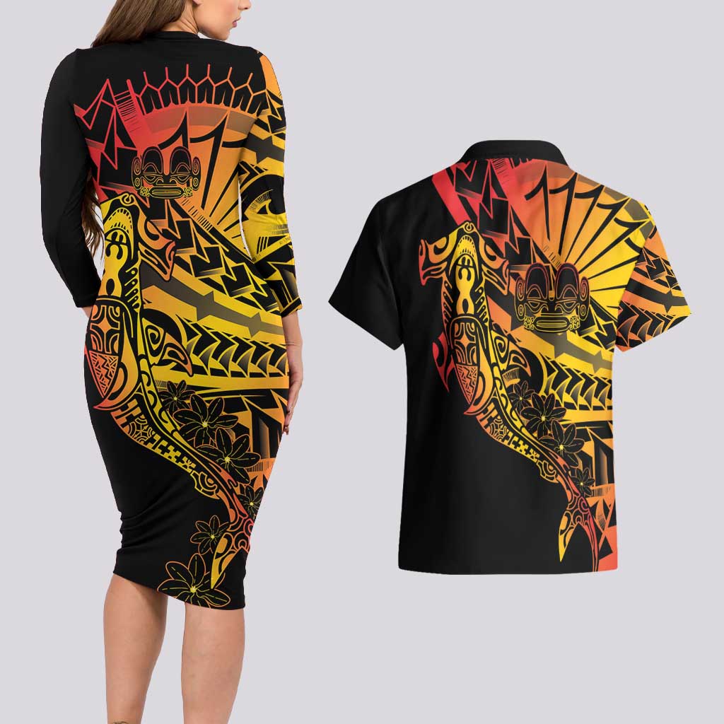 Gradient Marquesas Islands Couples Matching Long Sleeve Bodycon Dress and Hawaiian Shirt Marquesan Matatiki Hammerhead Shark Patutiki - Polynesian Pride