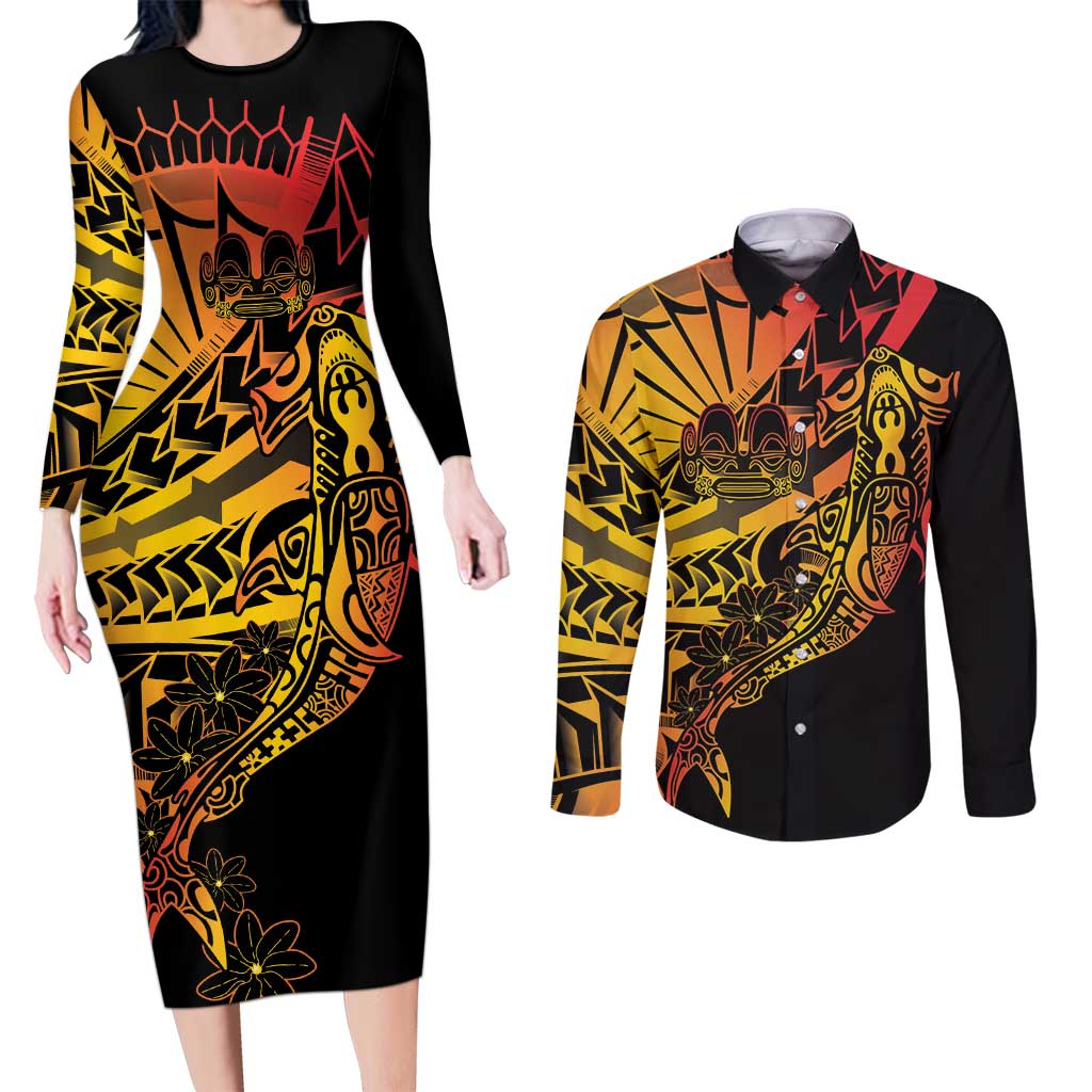 Gradient Marquesas Islands Couples Matching Long Sleeve Bodycon Dress and Long Sleeve Button Shirt Marquesan Matatiki Hammerhead Shark Patutiki - Polynesian Pride