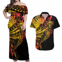 Gradient Marquesas Islands Couples Matching Off Shoulder Maxi Dress and Hawaiian Shirt Marquesan Matatiki Hammerhead Shark Patutiki - Polynesian Pride