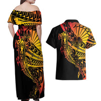 Gradient Marquesas Islands Couples Matching Off Shoulder Maxi Dress and Hawaiian Shirt Marquesan Matatiki Hammerhead Shark Patutiki - Polynesian Pride