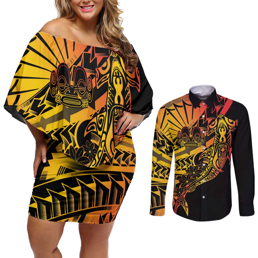 Gradient Marquesas Islands Couples Matching Off Shoulder Short Dress and Long Sleeve Button Shirt Marquesan Matatiki Hammerhead Shark Patutiki - Polynesian Pride