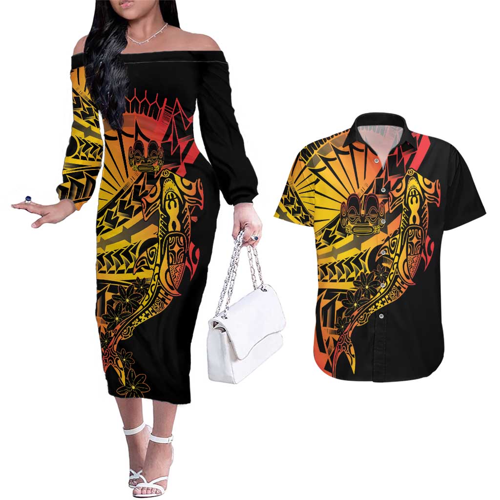 Gradient Marquesas Islands Couples Matching Off The Shoulder Long Sleeve Dress and Hawaiian Shirt Marquesan Matatiki Hammerhead Shark Patutiki - Polynesian Pride