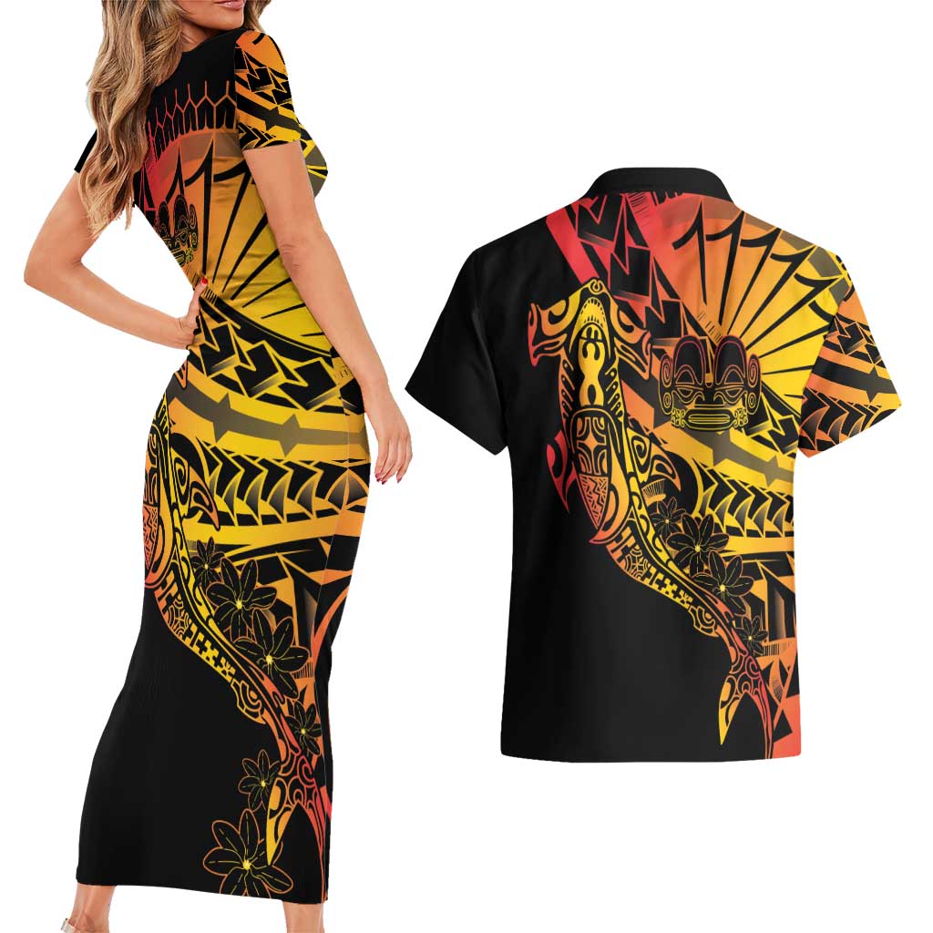 Gradient Marquesas Islands Couples Matching Short Sleeve Bodycon Dress and Hawaiian Shirt Marquesan Matatiki Hammerhead Shark Patutiki - Polynesian Pride