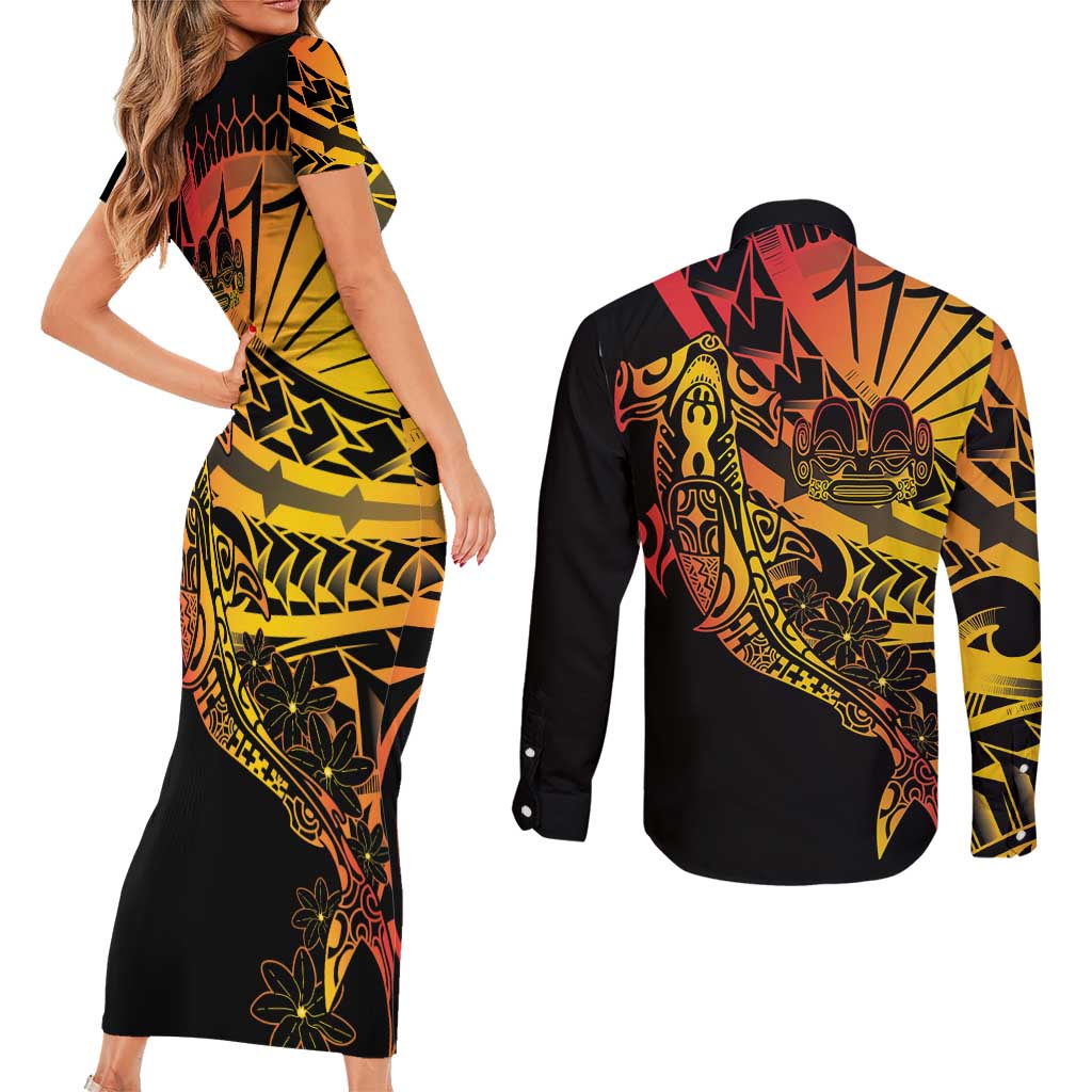 Gradient Marquesas Islands Couples Matching Short Sleeve Bodycon Dress and Long Sleeve Button Shirt Marquesan Matatiki Hammerhead Shark Patutiki - Polynesian Pride
