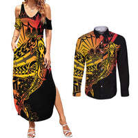 Gradient Marquesas Islands Couples Matching Summer Maxi Dress and Long Sleeve Button Shirt Marquesan Matatiki Hammerhead Shark Patutiki - Polynesian Pride