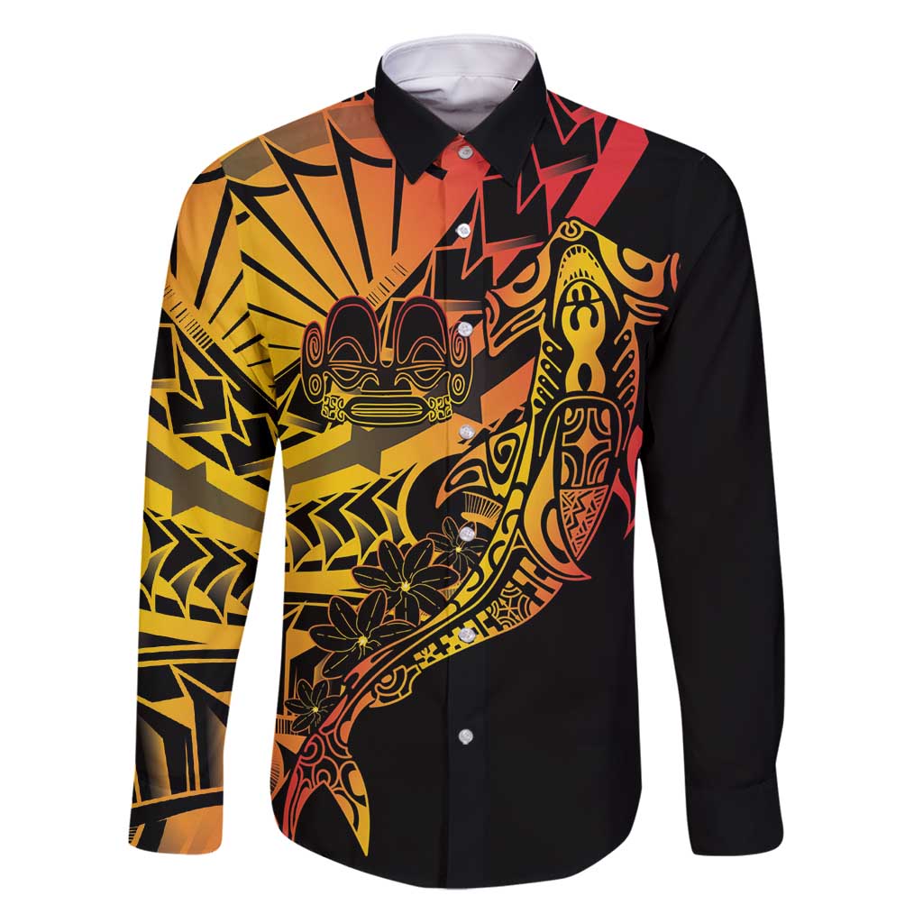 Gradient Marquesas Islands Family Matching Long Sleeve Bodycon Dress and Hawaiian Shirt Marquesan Matatiki Hammerhead Shark Patutiki - Polynesian Pride