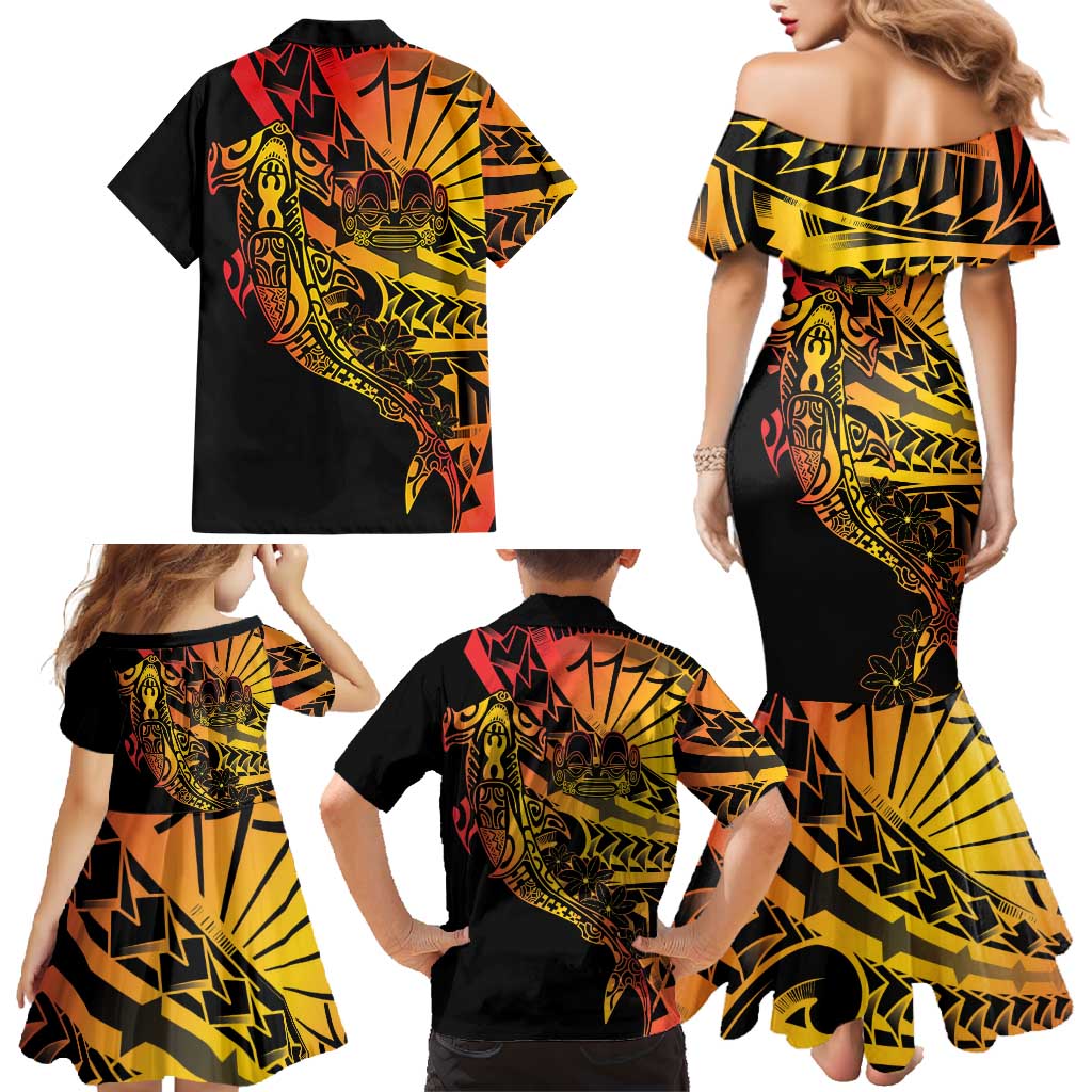 Gradient Marquesas Islands Family Matching Mermaid Dress and Hawaiian Shirt Marquesan Matatiki Hammerhead Shark Patutiki - Polynesian Pride