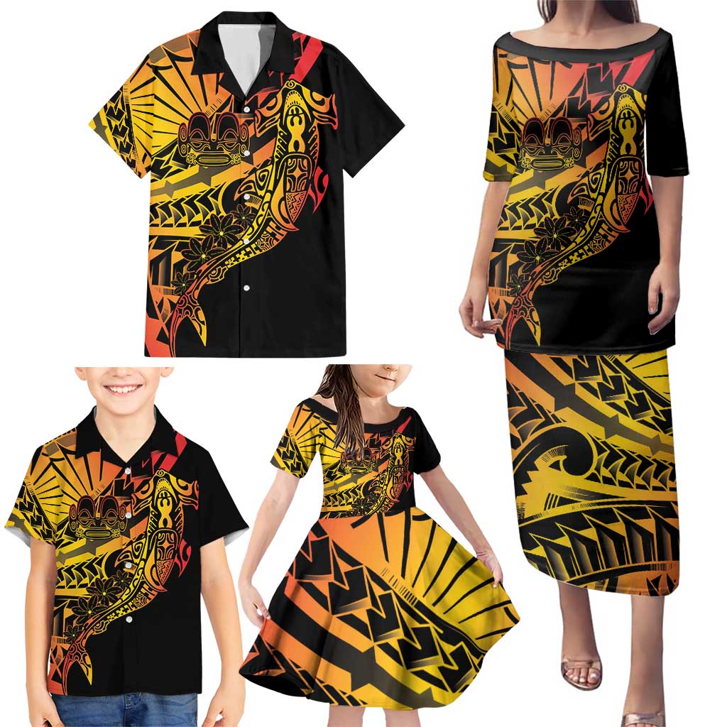 Gradient Marquesas Islands Family Matching Puletasi and Hawaiian Shirt Marquesan Matatiki Hammerhead Shark Patutiki - Polynesian Pride